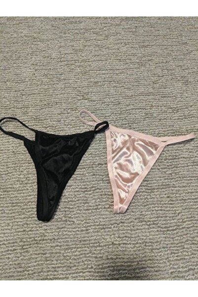 Lolipop Butik 2'li Kadife Pembe ve Siyah T-String Model Tanga Set