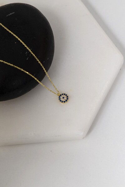 klas gümüş Gümüş Zirkon Taşlı Minimal Nazar Boncuğu Gold Kolye