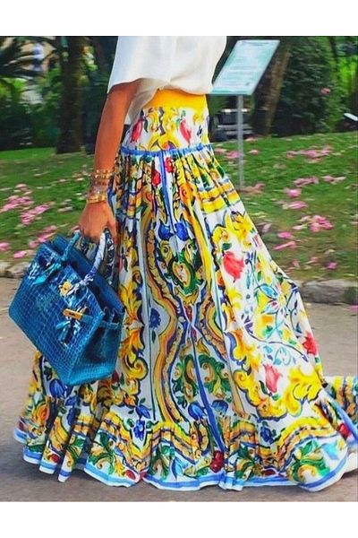 BRGCLOTHING Women's Imported Patterned Long Crepe Fabric Summer Skirt