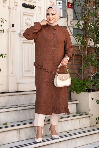 Tesettür Dünyası Linen Tunic - Side Ruffle Detail, Buttoned, Brown TSD240506