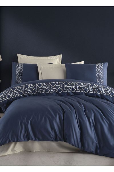 Dantela Luna Beige Embroidered Cotton Satin Double Duvet Cover Set