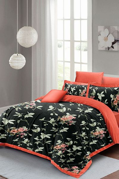 PerlaSera 3D Custom Design Duvet Cover Set - Tightly Woven Cotton Satin, Black Salmon Flower, Double