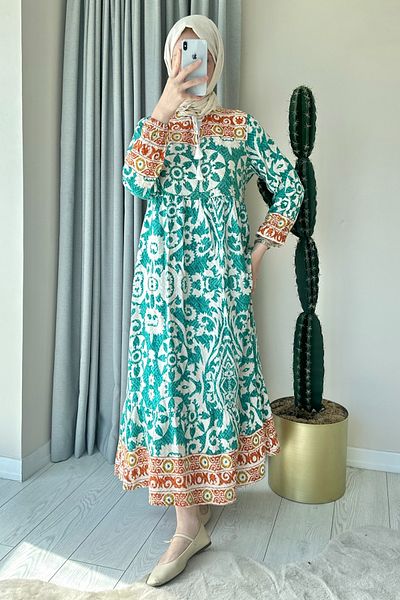 ModaAycan Green Dress - Ma144 Model, Collar Binding Detail