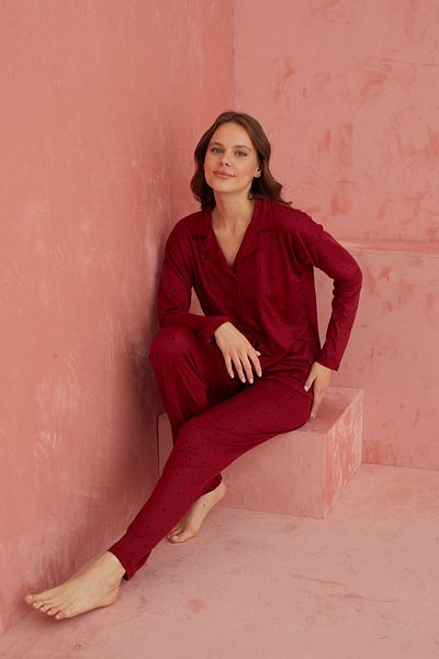 ELİTOL Set de pijamale cu mânecă lungă, roșu Claret, cu model din bambus - Nasturi în față