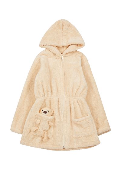 TRENDYOLKIDS Beigefarbener Plüsch-Kapuzenmantel für Mädchen TKDAW25MO00009