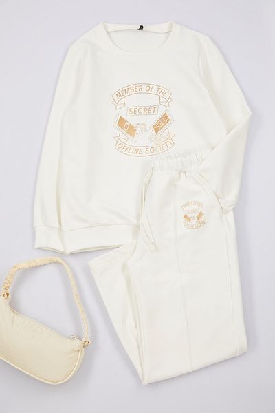 TRENDYOLKIDS Girl's Ecru Slogan Knitted Set - Tkdaw25Au00138