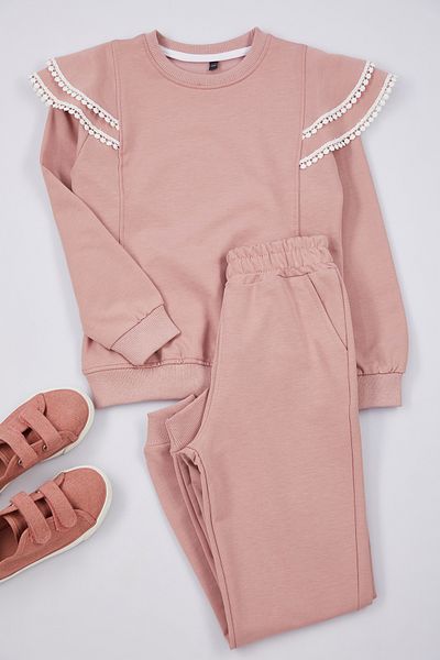 TRENDYOLKIDS Girls Dusty Rose szezonális fodros pulóver és melegítőnadrág szett - TKDAW25AU00081