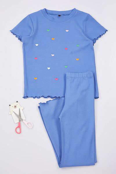 TRENDYOLKIDS Girl's Seasonal Thin Heart Embroidered Crew Neck Knitted Suit - Tkdaw25au00074