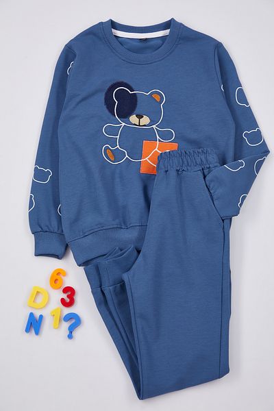 TRENDYOLKIDS Costum de sus și de jos tricotat cu imprimeu pentru băiat Indigo, sezonier, subțire, TKDAW25AU00078