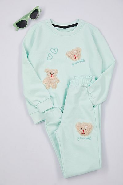 TRENDYOLKIDS Menta*001 Lányos medve mintás pizsama szett - kötött alsó szett Tkdaw25au00077
