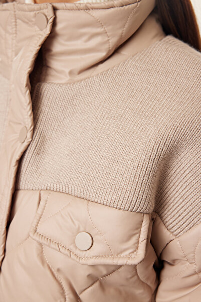 Trendyol Collection Oversize Beige Knitwear Quilted Coat - Twoaw25Mo00173