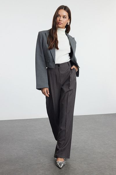 Trendyol Collection Anthracite Striped Wide Leg Woven Trousers - Normal Waist TWOAW25PL00023