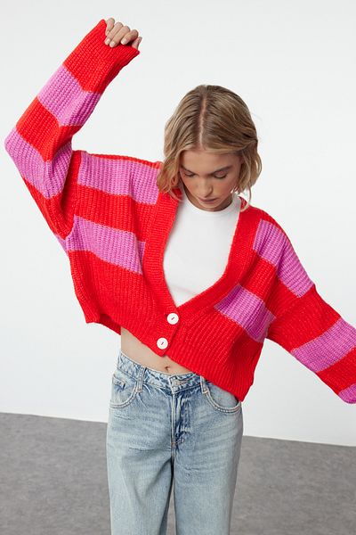 Trendyol Collection Soft Textured Red Crop Knitwear Cardigan - Twoaw25Hi00280
