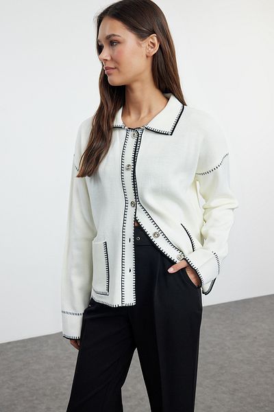 Trendyol Collection Polo Collar Ecru Block Knitwear Cardigan - TWOAW25HI00218