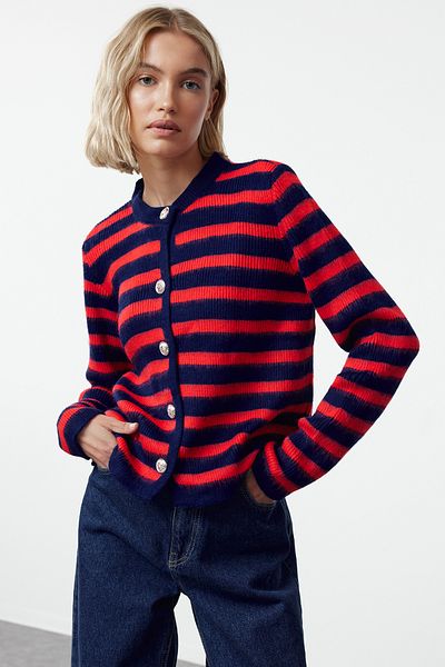 Trendyol Collection Sötétkék csíkos puha kötött kardigán - kabát megjelenés TWOAW24HI00040