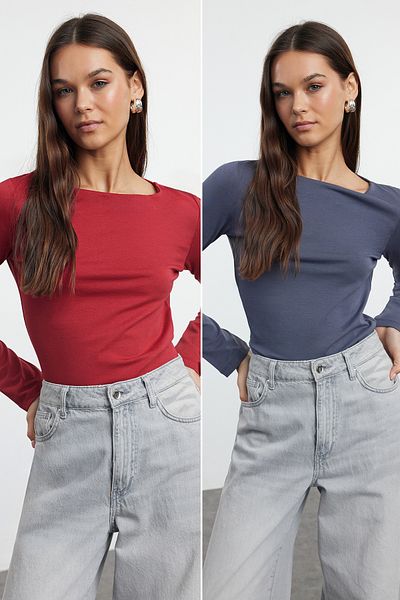 Trendyol Collection Piros-antracit dupla csomagos csónaknyakú, testhezálló kötött blúz TWOAW25BZ00062