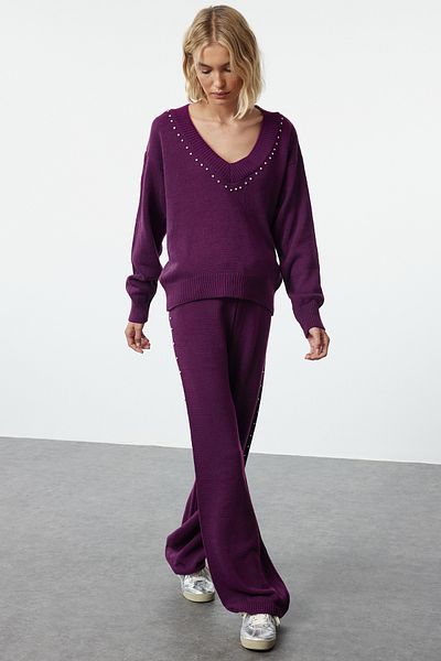 Trendyol Collection Lila széles szabású kő részletes kötöttáru alsó-felső készlet TWOAW24AU00008