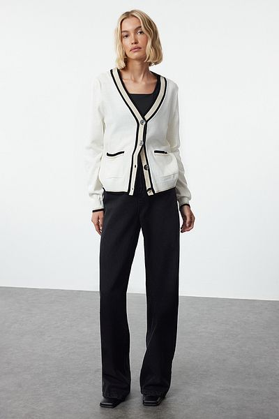 Trendyol Collection Ecru Block Patterned Knitwear Cardigan - TWOAW25HI00041