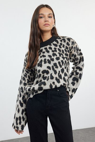 Trendyol Collection Leopard Patterned Anthracite Knitwear Sweater - Soft Texture Twoaw25Kz00226