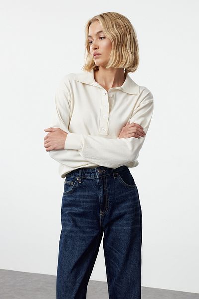 Trendyol Collection Ecru Knitwear Sweater - Thin Polo Collar, Twoaw25kz00355