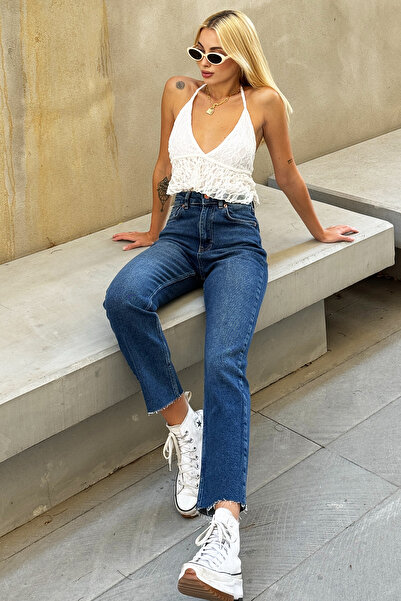 Trend Alaçatı Stili Dark Blue Mid Waist Straight Denim Jeans - ALC-X12530