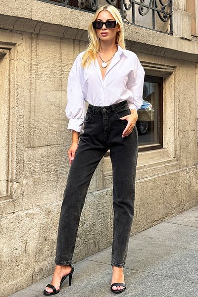 Trend Alaçatı Stili Vysoký pas antracitová LYcra Mom Jean - ALC-X12541