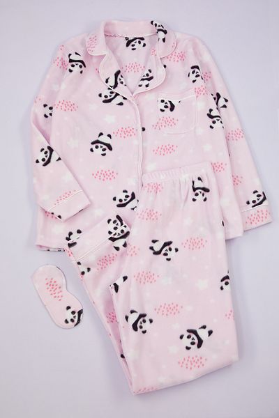 Trendyol Curve Panda Patterned Pink Shirt Collar Knitted Pajamas Set - TBBAW23AI00034
