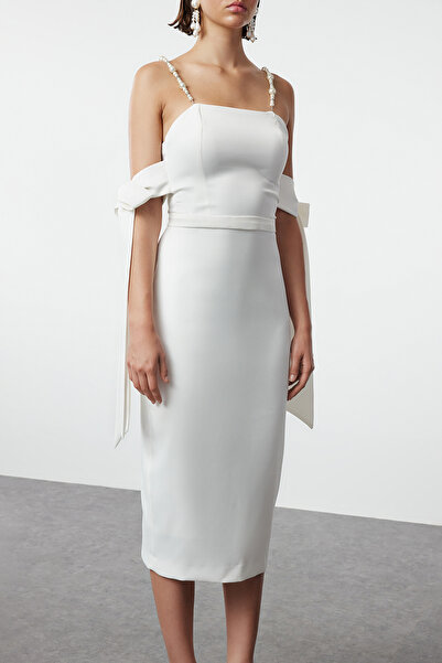 Trendyol Collection White Sleeve Detailed Satin Woven Evening Dress Night Graduation Dress Tprss24El00290