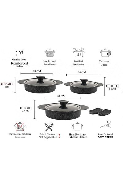 Taç Granit Plus 3-Piece Pan Set with Pluggable Silicone Handle Black