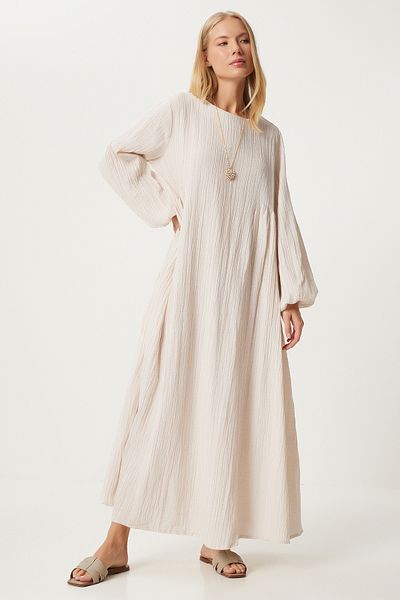 Happiness İstanbul Cremefarbenes Musselin-Kleid mit Ballonärmeln – bequeme Passform DM00141
