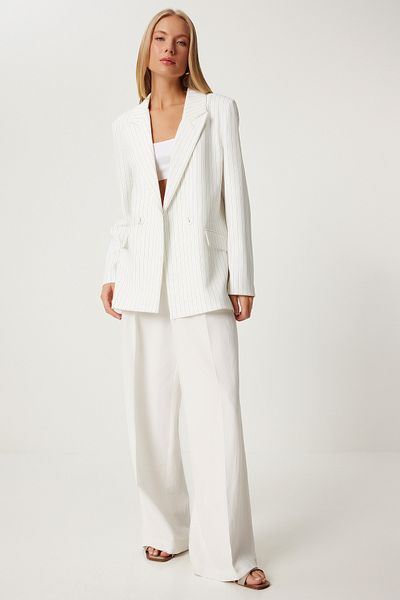 Happiness İstanbul Ecrufarbene, dünn gestreifte Oversize-Damenjacke - Zweireihig TO00152