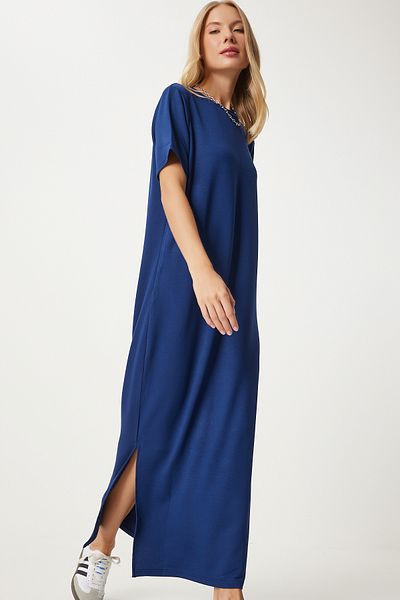 Happiness İstanbul NavY Blue Long knitted Summer Dress - Side Slit HW00011