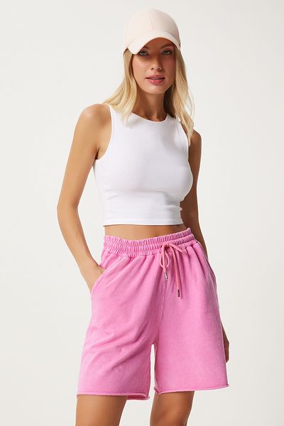 Happiness İstanbul Rosa gewaschene Trainingsshorts für Damen - HW00012