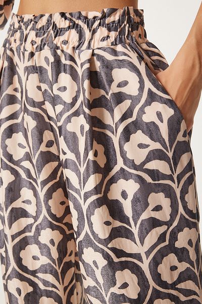 Happiness İstanbul Viscose Laced Gray Cream PatternedPalazzoBlouse Set - Fn03278