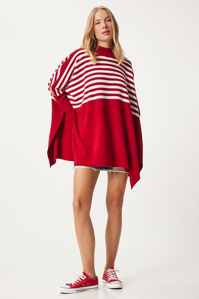 Happiness İstanbul Rot gestreifter Oversize-Pullover mit seitlichem Schlitz für Damen - DD01336