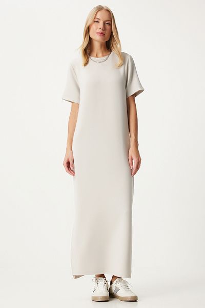 Happiness İstanbul Stone Colored Long knitted Summer Dress - Side Slit HW00011