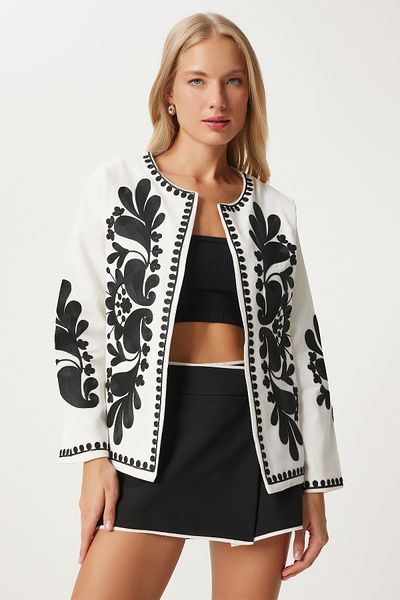 Happiness İstanbul LinenPoplinWomen's Jacket - Black and White Embroidery, Es00171