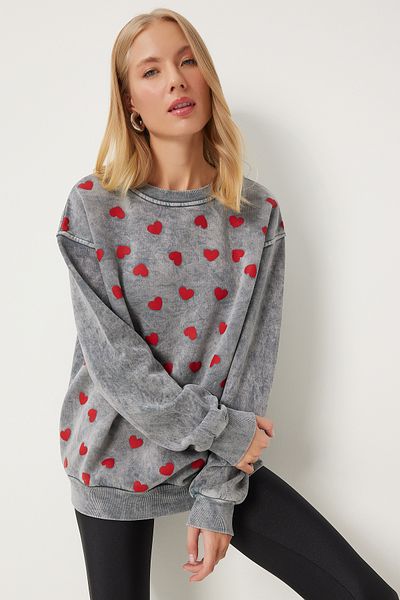 Happiness İstanbul Anthracite Heart Embroidered Knitted Women's Sweatshirt - NJ00159