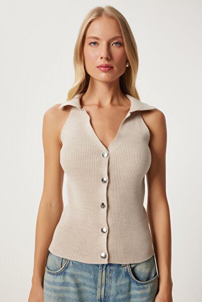 Happiness İstanbul BeigePoloCollar Ribbed Women's Knitwear Vest - Fn03302