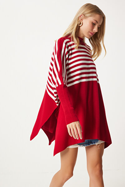Happiness İstanbul Pulover de damă oversize cu dungi roșii cu fantă laterală - DD01336