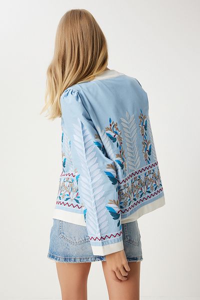 Happiness İstanbul Hellblaue bestickte Damenjacke aus Leinen - Es00170