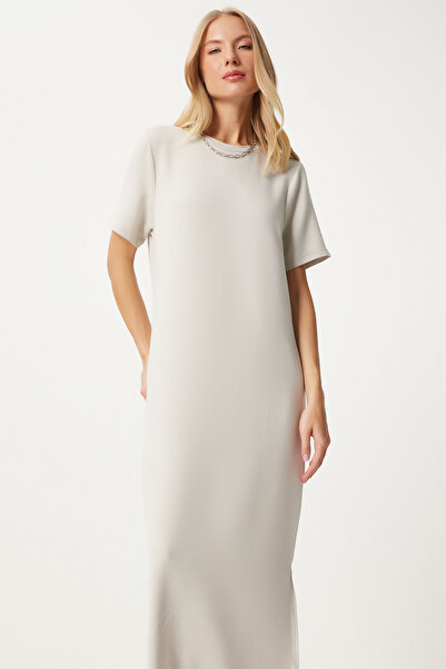 Happiness İstanbul Dlouhé letní pletené šaty v kamenné barvě - boční rozpark HW00011