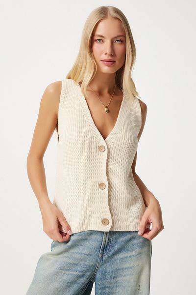 Happiness İstanbul Cremefarbene Damen Strickweste - V-Ausschnitt Yy00221