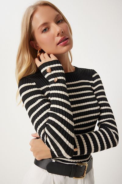Happiness İstanbul Μαύρη EcruSaran Knitwear Μπλούζα - Λεπτομέρεια με κουμπί, Fn03307