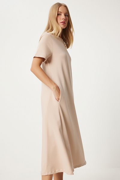Happiness İstanbul Rochie de vară din bumbac pieptănat în linie A bej pentru femei UB00060