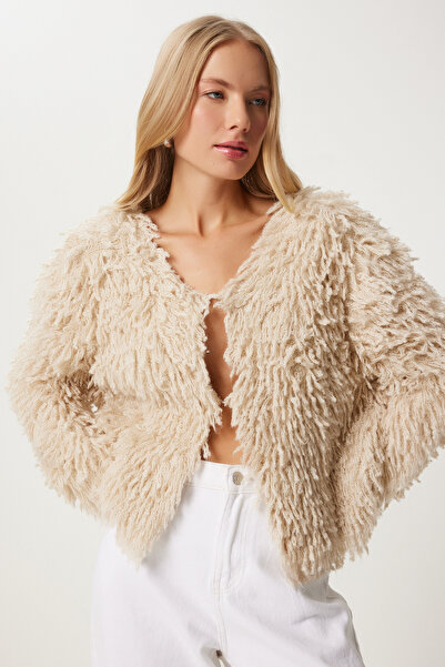 Happiness İstanbul Cream Colored Women's Knitwear Jacket - Fringed YY00220