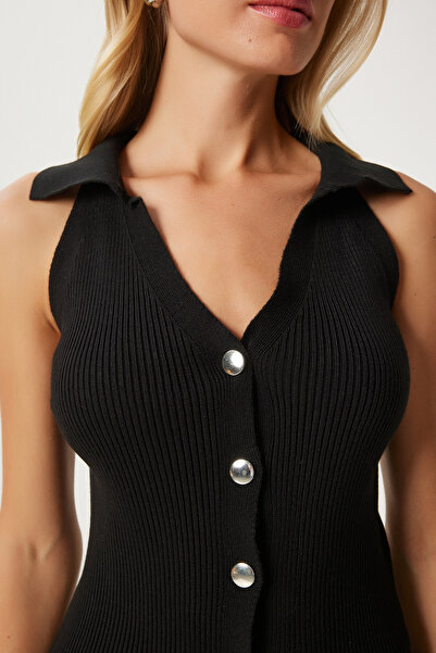 Happiness İstanbul CordedPoloCollar Women's Knitwear Vest - Black Fn03302