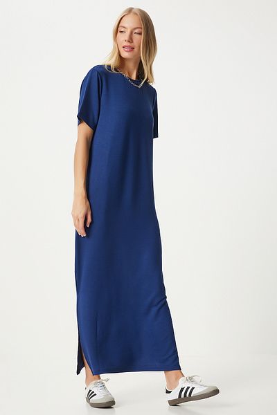 Happiness İstanbul NavY Blue Long knitted Summer Dress - Side Slit HW00011