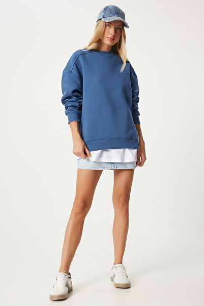 Happiness İstanbul Indigókék cipzáras női kötött pulóver UB00148