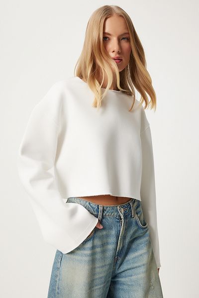 Happiness İstanbul White Oversize Raised Women's Knitted Sweatshirt - NJ00154